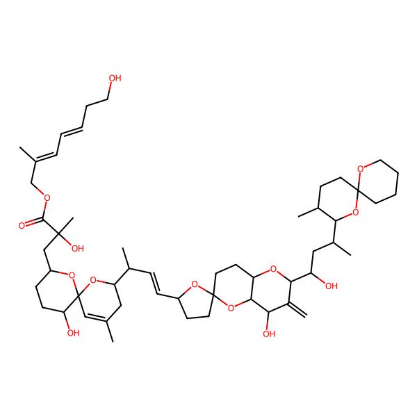 2D Structure of [(2E,4E)-7-hydroxy-2-methylhepta-2,4-dienyl] (2R)-3-[(2S,6R,8S,11R)-2-[(E,2R)-4-[(2S,2'R,4R,4aS,6R,8aR)-4-hydroxy-2-[(1S,3S)-1-hydroxy-3-[(2S,3R,6S)-3-methyl-1,7-dioxaspiro[5.5]undecan-2-yl]butyl]-3-methylidenespiro[4a,7,8,8a-tetrahydro-4H-pyrano[3,2-b]pyran-6,5'-oxolane]-2'-yl]but-3-en-2-yl]-11-hydroxy-4-methyl-1,7-dioxaspiro[5.5]undec-4-en-8-yl]-2-hydroxy-2-methylpropanoate
