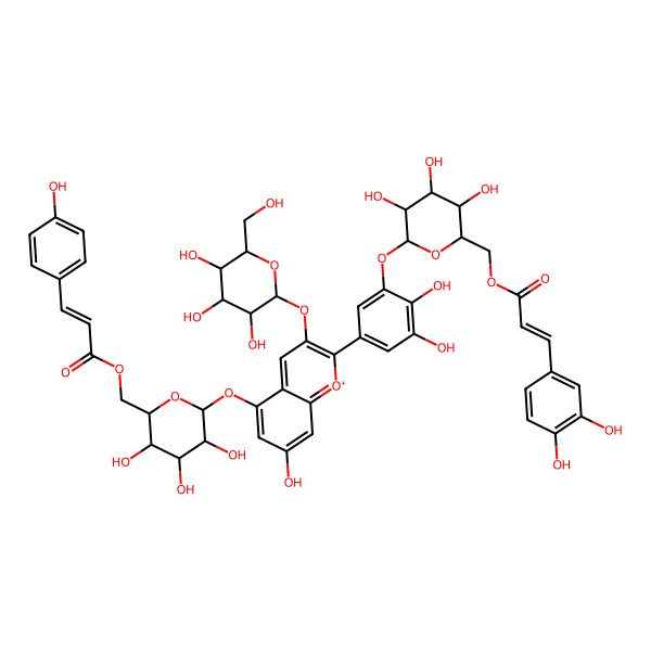 2D Structure of [(2R,3S,4S,5R,6S)-6-[2-[3-[(2S,3R,4S,5S,6R)-6-[3-(3,4-dihydroxyphenyl)prop-2-enoyloxymethyl]-3,4,5-trihydroxyoxan-2-yl]oxy-4,5-dihydroxyphenyl]-7-hydroxy-3-[(2S,3R,4S,5S,6R)-3,4,5-trihydroxy-6-(hydroxymethyl)oxan-2-yl]oxychromenylium-5-yl]oxy-3,4,5-trihydroxyoxan-2-yl]methyl 3-(4-hydroxyphenyl)prop-2-enoate