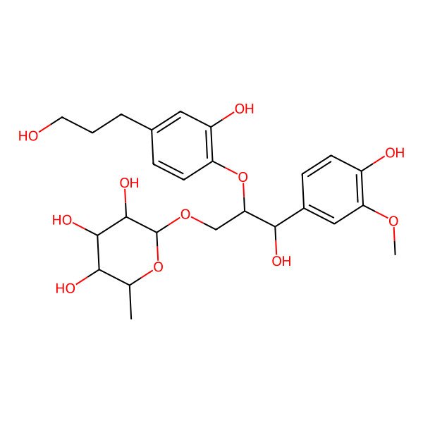 2D Structure of 2-[3-Hydroxy-2-[2-hydroxy-4-(3-hydroxypropyl)phenoxy]-3-(4-hydroxy-3-methoxyphenyl)propoxy]-6-methyloxane-3,4,5-triol
