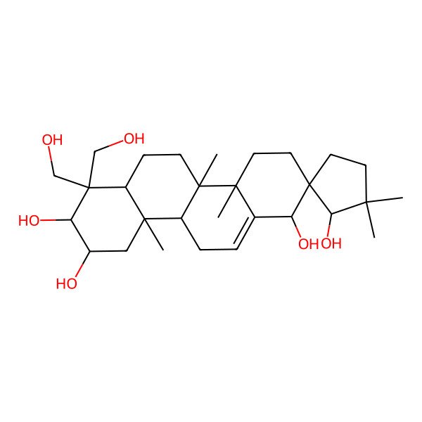 2D Structure of (1R,1'R,2R,4aS,4bR,6aR,8S,9R,10aR,10bR)-7,7-bis(hydroxymethyl)-4a,4b,5',5',10a-pentamethylspiro[3,4,5,6,6a,8,9,10,10b,11-decahydro-1H-chrysene-2,2'-cyclopentane]-1,1',8,9-tetrol