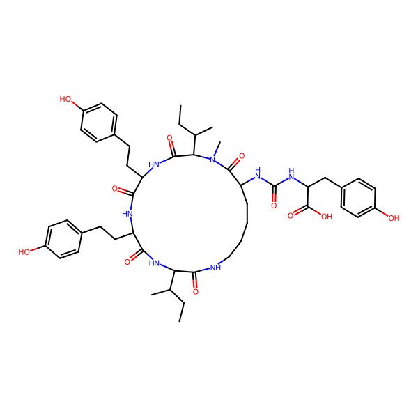 2D Structure of (2S)-2-[[(3S,6R,9R,12S,15R)-3,12-bis[(2S)-butan-2-yl]-6,9-bis[2-(4-hydroxyphenyl)ethyl]-13-methyl-2,5,8,11,14-pentaoxo-1,4,7,10,13-pentazacyclononadec-15-yl]carbamoylamino]-3-(4-hydroxyphenyl)propanoic acid