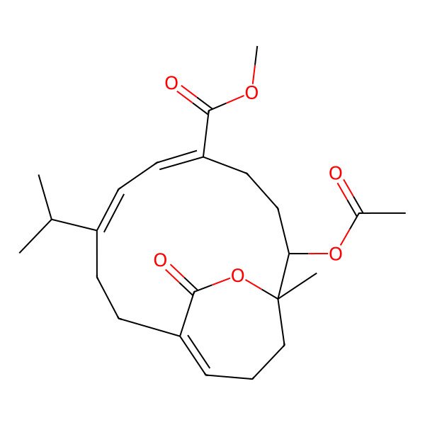 2D Structure of methyl (1S,2S,5E,7Z)-2-acetyloxy-1-methyl-16-oxo-8-propan-2-yl-15-oxabicyclo[9.3.2]hexadeca-5,7,11-triene-5-carboxylate