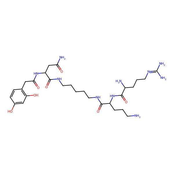 2D Structure of (2S)-N-[5-[[(2S)-5-amino-2-[[(2R)-2-amino-5-(diaminomethylideneamino)pentanoyl]amino]pentanoyl]amino]pentyl]-2-[[2-(2,4-dihydroxyphenyl)acetyl]amino]butanediamide
