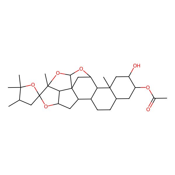2D Structure of (9-Hydroxy-2',2',3',11,17-pentamethylspiro[14,16,19-trioxaheptacyclo[11.8.1.12,20.01,15.03,12.06,11.017,21]tricosane-18,5'-oxolane]-8-yl) acetate