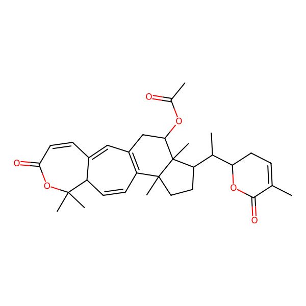 2D Structure of [8,8,13,17-Tetramethyl-16-[1-(5-methyl-6-oxo-2,3-dihydropyran-2-yl)ethyl]-6-oxo-7-oxatetracyclo[10.7.0.03,9.013,17]nonadeca-1(12),2,4,10-tetraen-18-yl] acetate