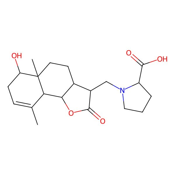 2D Structure of 1-[(6-Hydroxy-5a,9-dimethyl-2-oxo-3,3a,4,5,6,7,9a,9b-octahydrobenzo[g][1]benzofuran-3-yl)methyl]pyrrolidine-2-carboxylic acid