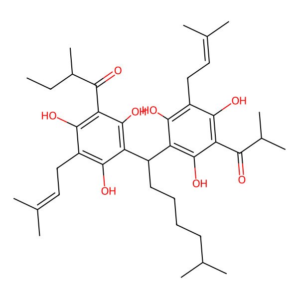 2D Structure of (2R)-2-methyl-1-[2,4,6-trihydroxy-3-(3-methylbut-2-enyl)-5-[(1R)-6-methyl-1-[2,4,6-trihydroxy-3-(3-methylbut-2-enyl)-5-(2-methylpropanoyl)phenyl]heptyl]phenyl]butan-1-one