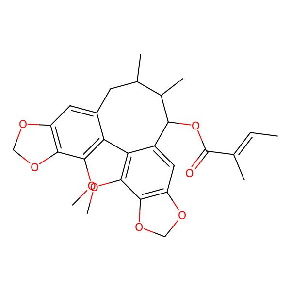 2D Structure of (3,22-Dimethoxy-12,13-dimethyl-5,7,18,20-tetraoxapentacyclo[13.7.0.02,10.04,8.017,21]docosa-1(22),2,4(8),9,15,17(21)-hexaen-11-yl) 2-methylbut-2-enoate