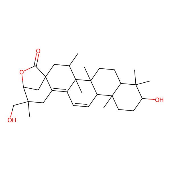 2D Structure of (1R,3S,4S,5R,8R,10S,13S,14R,20S,21S)-10-hydroxy-20-(hydroxymethyl)-3,4,5,9,9,13,20-heptamethyl-22-oxahexacyclo[19.2.1.01,18.04,17.05,14.08,13]tetracosa-15,17-dien-23-one