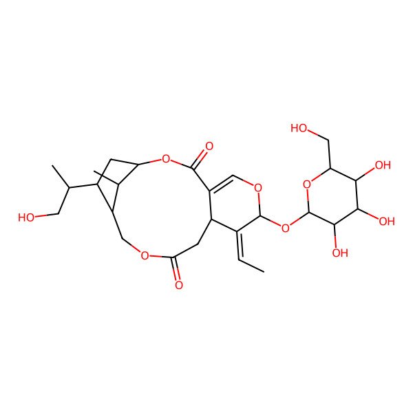2D Structure of (1R,7S,8E,9S,14S,15S,17R)-8-ethylidene-15-[(2R)-1-hydroxypropan-2-yl]-17-methyl-7-[(2S,3R,4S,5S,6R)-3,4,5-trihydroxy-6-(hydroxymethyl)oxan-2-yl]oxy-2,6,12-trioxatricyclo[12.2.1.04,9]heptadec-4-ene-3,11-dione