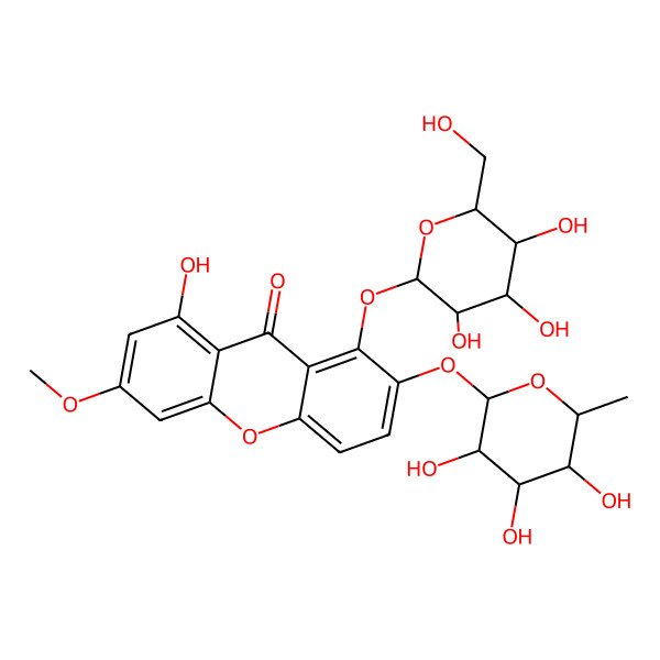 2D Structure of 8-hydroxy-6-methoxy-1-[(2S,3R,4S,5S,6R)-3,4,5-trihydroxy-6-(hydroxymethyl)oxan-2-yl]oxy-2-[(2S,3R,4R,5R,6S)-3,4,5-trihydroxy-6-methyloxan-2-yl]oxyxanthen-9-one