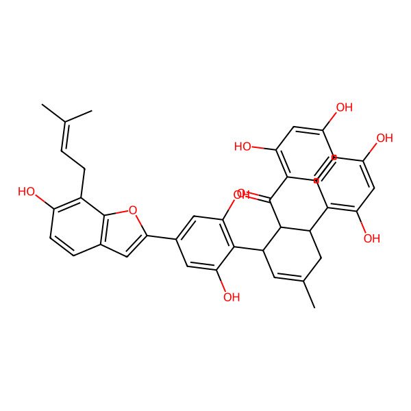2D Structure of [(1R,2S,6S)-2-[2,6-dihydroxy-4-[6-hydroxy-7-(3-methylbut-2-enyl)-1-benzofuran-2-yl]phenyl]-6-(2,4-dihydroxyphenyl)-4-methylcyclohex-3-en-1-yl]-(2,4-dihydroxyphenyl)methanone