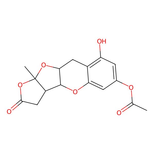 2D Structure of [(1R,10R,11R,15R)-4-hydroxy-15-methyl-13-oxo-9,14,16-trioxatetracyclo[8.6.0.03,8.011,15]hexadeca-3,5,7-trien-6-yl] acetate