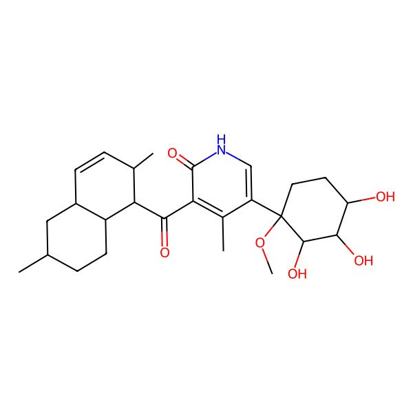 2D Structure of 3-(2,6-dimethyl-1,2,4a,5,6,7,8,8a-octahydronaphthalene-1-carbonyl)-4-methyl-5-(2,3,4-trihydroxy-1-methoxycyclohexyl)-1H-pyridin-2-one