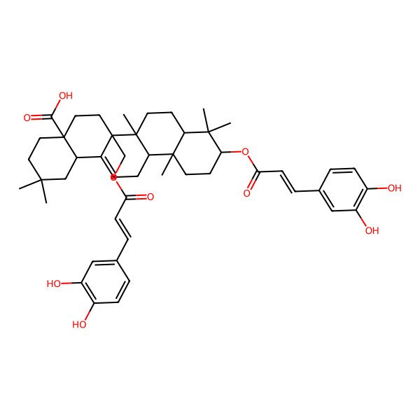 2D Structure of (4aR,6aS,6aS,6bS,8aS,10R,12aS,14bR)-10-[(E)-3-(3,4-dihydroxyphenyl)prop-2-enoyl]oxy-6a-[[(E)-3-(3,4-dihydroxyphenyl)prop-2-enoyl]oxymethyl]-2,2,6b,9,9,12a-hexamethyl-1,3,4,5,6,6a,7,8,8a,10,11,12,13,14b-tetradecahydropicene-4a-carboxylic acid