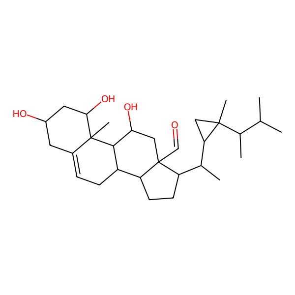 2D Structure of (1S,3R,8S,9S,10R,11R,13S,14S,17R)-1,3,11-trihydroxy-10-methyl-17-[(1R)-1-[(1S,2R)-2-methyl-2-[(2R)-3-methylbutan-2-yl]cyclopropyl]ethyl]-2,3,4,7,8,9,11,12,14,15,16,17-dodecahydro-1H-cyclopenta[a]phenanthrene-13-carbaldehyde