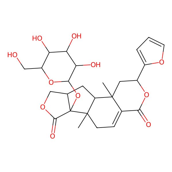 2D Structure of (1S,2S,4S,10R,11R,15S)-4-(furan-2-yl)-2,10-dimethyl-11-[(2S,3R,4S,5S,6R)-3,4,5-trihydroxy-6-(hydroxymethyl)oxan-2-yl]oxy-5,13-dioxatetracyclo[8.6.0.02,7.011,15]hexadec-7-ene-6,12-dione