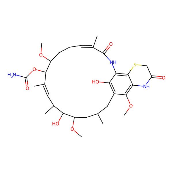 2D Structure of [(3R,5S,6R,7S,8E,10S,11S,14E)-6,26-dihydroxy-5,11,25-trimethoxy-3,7,9,15-tetramethyl-16,22-dioxo-20-thia-17,23-diazatricyclo[16.7.1.019,24]hexacosa-1(26),8,14,18,24-pentaen-10-yl] carbamate
