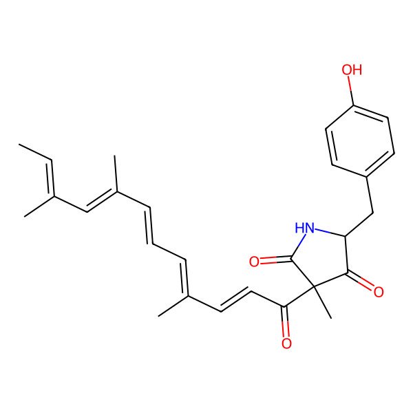 2D Structure of 5-[(4-Hydroxyphenyl)methyl]-3-methyl-3-(4,8,10-trimethyldodeca-2,4,6,8,10-pentaenoyl)pyrrolidine-2,4-dione