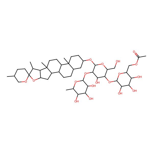 2D Structure of [(2R,3S,4S,5R,6S)-3,4,5-trihydroxy-6-[(2R,3S,4S,5R,6R)-4-hydroxy-2-(hydroxymethyl)-6-[(1R,2S,4S,5'S,6R,7S,8R,9S,12S,13S,16S,18R)-5',7,9,13-tetramethylspiro[5-oxapentacyclo[10.8.0.02,9.04,8.013,18]icosane-6,2'-oxane]-16-yl]oxy-5-[(2S,3R,4R,5R,6S)-3,4,5-trihydroxy-6-methyloxan-2-yl]oxyoxan-3-yl]oxyoxan-2-yl]methyl acetate