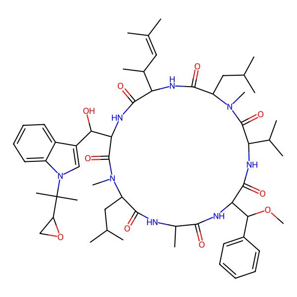 2D Structure of 3-[Hydroxy-[1-[2-(oxiran-2-yl)propan-2-yl]indol-3-yl]methyl]-15-[methoxy(phenyl)methyl]-1,10,18-trimethyl-6-(4-methylpent-3-en-2-yl)-9,21-bis(2-methylpropyl)-12-propan-2-yl-1,4,7,10,13,16,19-heptazacyclohenicosane-2,5,8,11,14,17,20-heptone