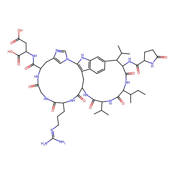 2D Structure of (2R)-2-[[(8S,9R,12R,15R,18S,21S,27R)-12-[(2S)-butan-2-yl]-21-[3-(diaminomethylideneamino)propyl]-10,13,16,19,22,25-hexaoxo-9-[[(2R)-5-oxopyrrolidine-2-carbonyl]amino]-8,15-di(propan-2-yl)-2,11,14,17,20,23,26,30,32-nonazapentacyclo[16.14.2.13,7.129,32.04,33]hexatriaconta-1(33),3,5,7(36),29(35),30-hexaene-27-carbonyl]amino]butanedioic acid