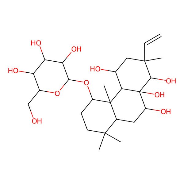2D Structure of (1R,2S,4R,4aR,4bR,5R,8aR,10R,10aS)-2-ethenyl-2,4b,8,8-tetramethyl-5-[(2R,3R,4S,5S,6R)-3,4,5-trihydroxy-6-(hydroxymethyl)oxan-2-yl]oxy-1,3,4,4a,5,6,7,8a,9,10-decahydrophenanthrene-1,4,10,10a-tetrol