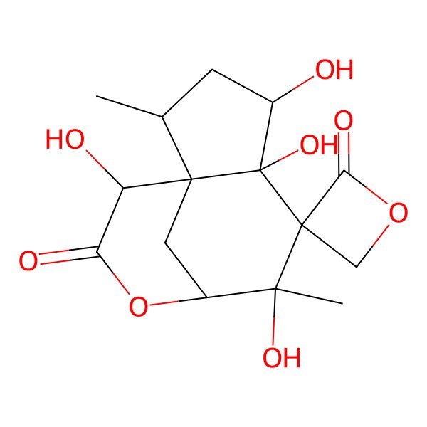 2D Structure of (1R,2S,4S,5S,6R,7S,8S,11S)-4,5,7,11-tetrahydroxy-2,7-dimethylspiro[9-oxatricyclo[6.3.1.01,5]dodecane-6,3'-oxetane]-2',10-dione