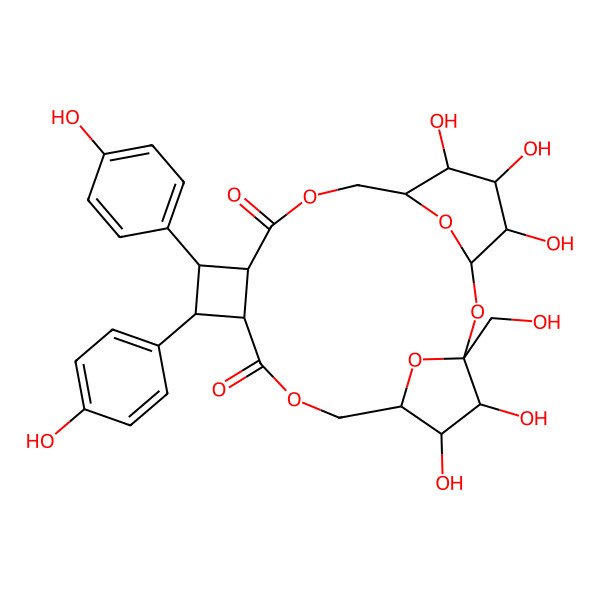 2D Structure of 4,5,18,19,20-Pentahydroxy-3-(hydroxymethyl)-11,12-bis(4-hydroxyphenyl)-2,8,15,21,22-pentaoxatetracyclo[15.3.1.13,6.010,13]docosane-9,14-dione