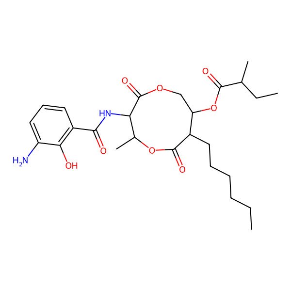 2D Structure of [(2R,3S,7R,8R)-3-[(3-amino-2-hydroxybenzoyl)amino]-8-hexyl-2-methyl-4,9-dioxo-1,5-dioxonan-7-yl] (2S)-2-methylbutanoate