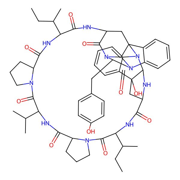 2D Structure of 15,33-Di(butan-2-yl)-9-hydroxy-39-[(4-hydroxyphenyl)methyl]-24-propan-2-yl-2,11,14,17,23,26,32,35,38,41-decazadecacyclo[34.11.1.11,38.19,12.02,10.03,8.017,21.026,30.042,47.041,49]pentaconta-3,5,7,42,44,46-hexaene-13,16,22,25,31,34,37,40-octone