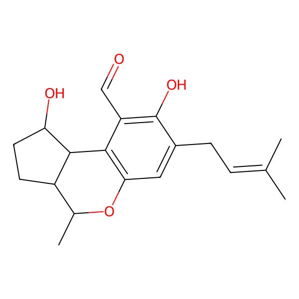 2D Structure of 1,8-Dihydroxy-4-methyl-7-(3-methylbut-2-enyl)-1,2,3,3a,4,9b-hexahydrocyclopenta[c]chromene-9-carbaldehyde