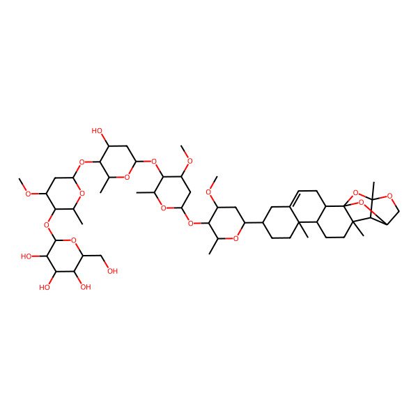 2D Structure of (2R,3R,4S,5R,6R)-2-[(2S,3S,4R,6S)-6-[(2R,3S,4R,6S)-4-hydroxy-6-[(2R,3R,4R,6S)-4-methoxy-6-[(2R,3S,4S,6R)-4-methoxy-2-methyl-6-[(1S,2R,7S,10R,11S,14R,15R,16R,19S)-10,14,16-trimethyl-17,20,21-trioxahexacyclo[14.4.1.01,14.02,11.05,10.015,19]henicos-4-en-7-yl]oxan-3-yl]oxy-2-methyloxan-3-yl]oxy-2-methyloxan-3-yl]oxy-4-methoxy-2-methyloxan-3-yl]oxy-6-(hydroxymethyl)oxane-3,4,5-triol