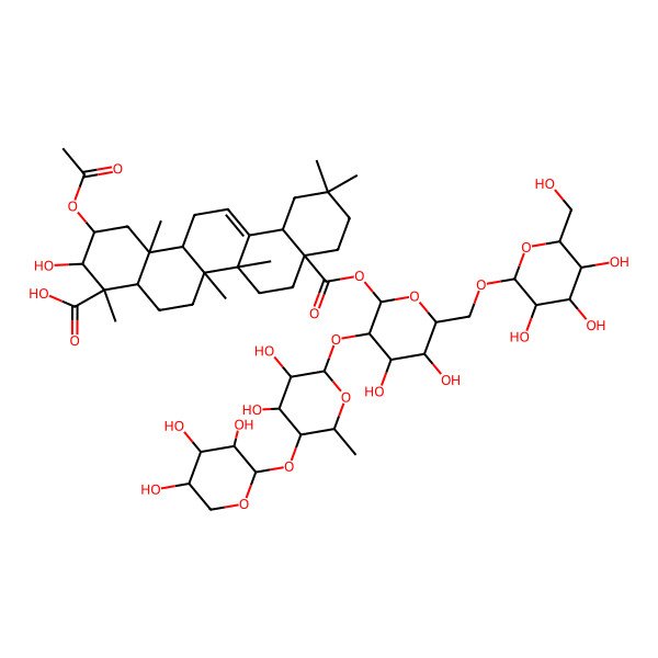 2D Structure of (2S,3R,4S,4aR,6aR,6bS,8aS,12aS,14aR,14bR)-2-acetyloxy-8a-[(2S,3R,4S,5S,6R)-3-[(2S,3R,4S,5R,6S)-3,4-dihydroxy-6-methyl-5-[(2S,3R,4S,5R)-3,4,5-trihydroxyoxan-2-yl]oxyoxan-2-yl]oxy-4,5-dihydroxy-6-[[(2R,3R,4S,5S,6R)-3,4,5-trihydroxy-6-(hydroxymethyl)oxan-2-yl]oxymethyl]oxan-2-yl]oxycarbonyl-3-hydroxy-4,6a,6b,11,11,14b-hexamethyl-1,2,3,4a,5,6,7,8,9,10,12,12a,14,14a-tetradecahydropicene-4-carboxylic acid