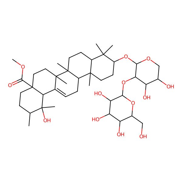 2D Structure of methyl (1R,2R,4aS,6aR,6aS,6bR,8aR,10S,12aR,14bS)-10-[(2S,3R,4S,5S)-4,5-dihydroxy-3-[(2S,3R,4S,5S,6R)-3,4,5-trihydroxy-6-(hydroxymethyl)oxan-2-yl]oxyoxan-2-yl]oxy-1-hydroxy-1,2,6a,6b,9,9,12a-heptamethyl-2,3,4,5,6,6a,7,8,8a,10,11,12,13,14b-tetradecahydropicene-4a-carboxylate