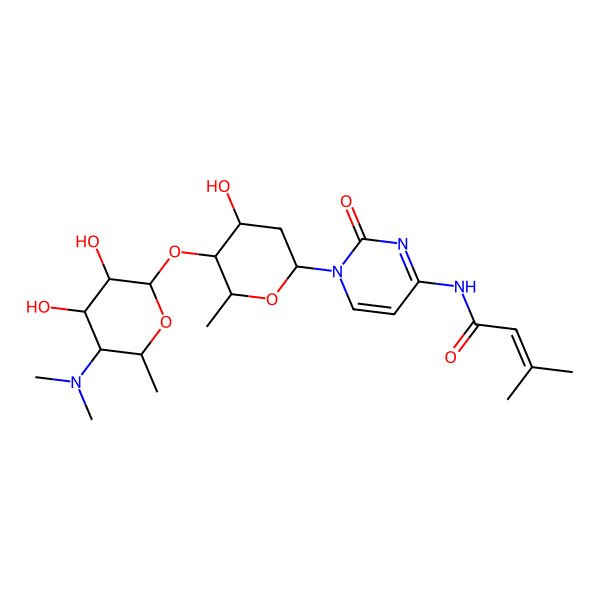 2D Structure of N-[1-[(2R,4R,5S)-5-[(2S,4S,5R)-5-(dimethylamino)-3,4-dihydroxy-6-methyloxan-2-yl]oxy-4-hydroxy-6-methyloxan-2-yl]-2-oxopyrimidin-4-yl]-3-methylbut-2-enamide