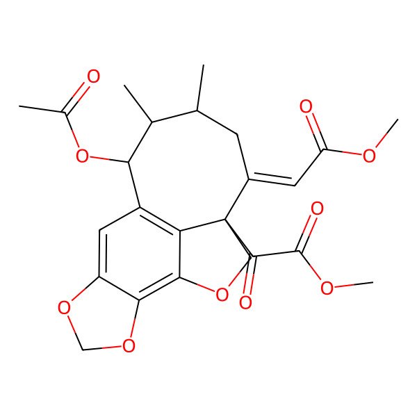 2D Structure of Methyl 2-[9-acetyloxy-5-(2-methoxy-2-oxoethylidene)-7,8-dimethyl-2,13,15-trioxatetracyclo[8.6.1.04,17.012,16]heptadeca-1(17),10,12(16)-trien-4-yl]-2-oxoacetate