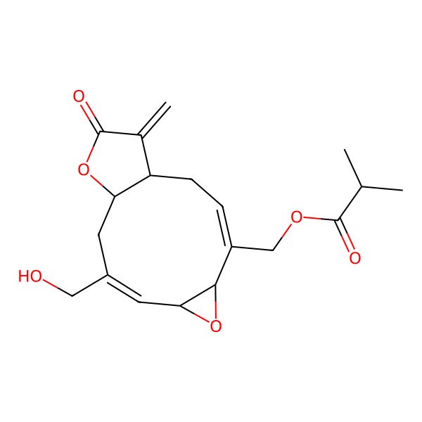 2D Structure of [(1R,3E,5S,7R,8E,11S)-9-(hydroxymethyl)-14-methylidene-13-oxo-6,12-dioxatricyclo[9.3.0.05,7]tetradeca-3,8-dien-4-yl]methyl 2-methylpropanoate