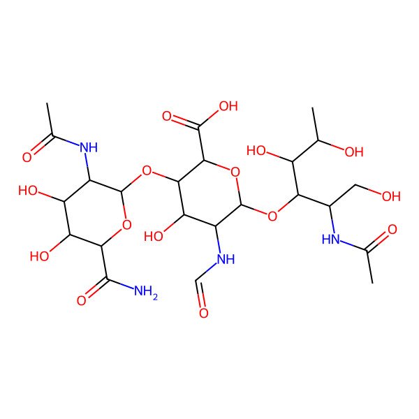 2D Structure of (2S,3R,4R,5R,6S)-3-[(2S,3R,4R,5R,6S)-3-acetamido-6-carbamoyl-4,5-dihydroxyoxan-2-yl]oxy-6-[(2S,3R,4R,5R)-2-acetamido-1,4,5-trihydroxyhexan-3-yl]oxy-5-formamido-4-hydroxyoxane-2-carboxylic acid