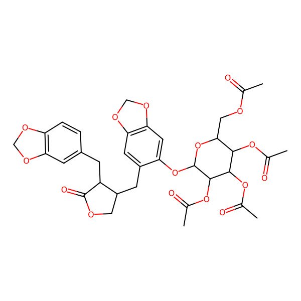 2D Structure of [(2R,3R,4S,5R,6S)-3,4,5-triacetyloxy-6-[[6-[[(3R,4R)-4-(1,3-benzodioxol-5-ylmethyl)-5-oxooxolan-3-yl]methyl]-1,3-benzodioxol-5-yl]oxy]oxan-2-yl]methyl acetate