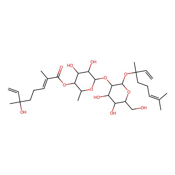 2D Structure of [(2S,3R,4S,5R,6S)-6-[(2S,3R,4S,5S,6R)-2-[(3R)-3,7-dimethylocta-1,6-dien-3-yl]oxy-4,5-dihydroxy-6-(hydroxymethyl)oxan-3-yl]oxy-4,5-dihydroxy-2-methyloxan-3-yl] (2E,6R)-6-hydroxy-2,6-dimethylocta-2,7-dienoate