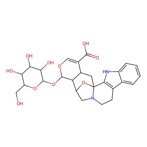 2D Structure of 17-[3,4,5-Trihydroxy-6-(hydroxymethyl)oxan-2-yl]oxy-18,23-dioxa-3,13-diazahexacyclo[13.7.1.01,13.02,10.04,9.016,21]tricosa-2(10),4,6,8,19-pentaene-20-carboxylic acid