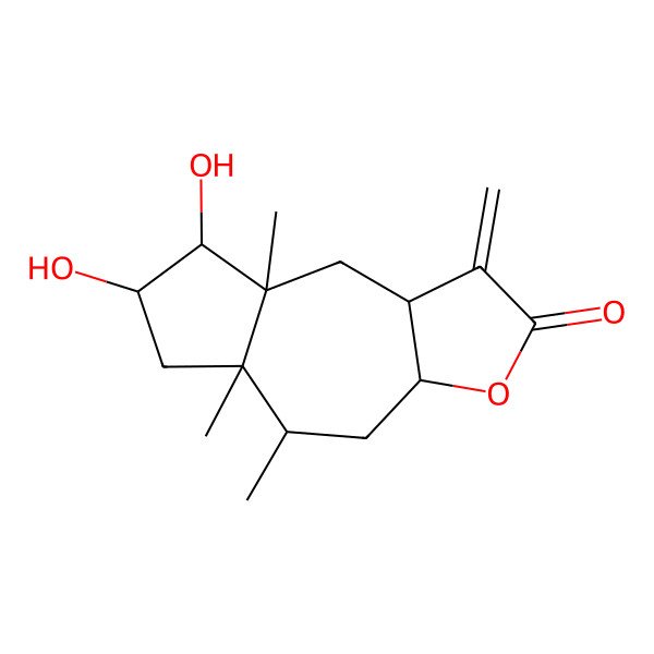 2D Structure of (3aR,5S,5aS,7S,8R,8aS,9aR)-7,8-dihydroxy-5,5a,8a-trimethyl-1-methylidene-3a,4,5,6,7,8,9,9a-octahydroazuleno[6,5-b]furan-2-one