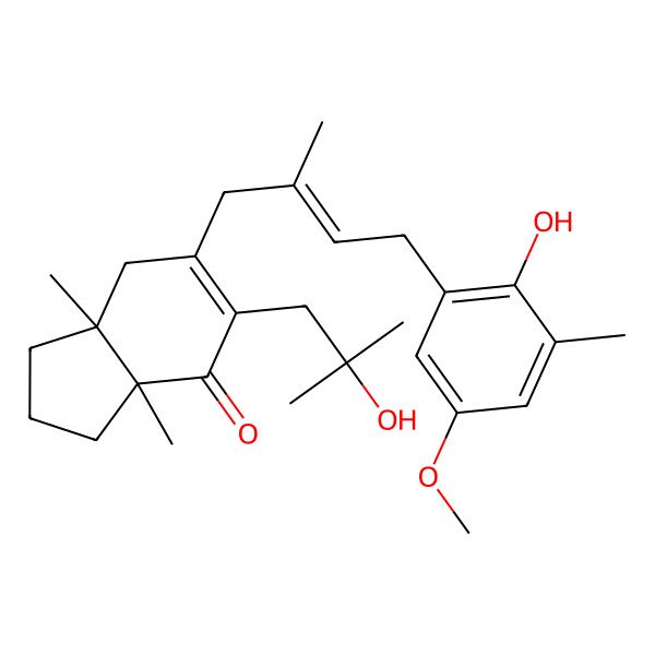 2D Structure of (3aS,7aR)-6-[(E)-4-(2-hydroxy-5-methoxy-3-methylphenyl)-2-methylbut-2-enyl]-5-(2-hydroxy-2-methylpropyl)-3a,7a-dimethyl-1,2,3,7-tetrahydroinden-4-one