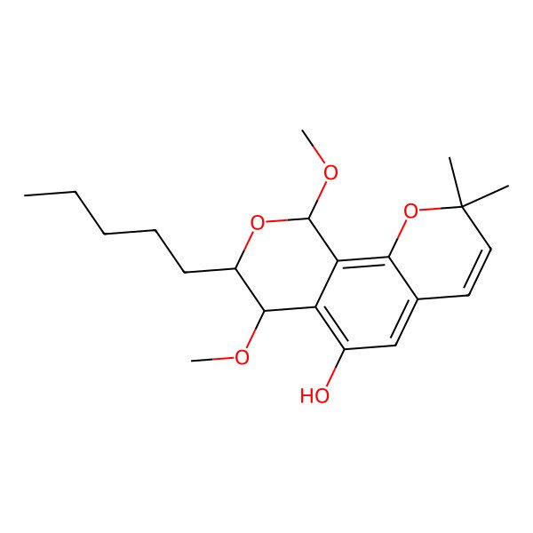 2D Structure of 7,10-dimethoxy-2,2-dimethyl-8-pentyl-8,10-dihydro-7H-pyrano[4,3-h]chromen-6-ol