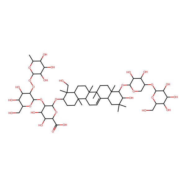 2D Structure of (2S,3S,4S,5R,6R)-6-[[(3S,4S,4aR,6aR,6bS,8aR,12aS,14aR,14bR)-9-[(2S,3R,4R,5S)-3,4-dihydroxy-5-[(2S,3R,4S,5S,6R)-3,4,5-trihydroxy-6-(hydroxymethyl)oxan-2-yl]oxyoxan-2-yl]oxy-10-hydroxy-4-(hydroxymethyl)-4,6a,6b,8a,11,11,14b-heptamethyl-1,2,3,4a,5,6,7,8,9,10,12,12a,14,14a-tetradecahydropicen-3-yl]oxy]-5-[(2S,3R,4S,5R,6R)-4,5-dihydroxy-6-(hydroxymethyl)-3-[(2S,3R,4R,5R,6S)-3,4,5-trihydroxy-6-methyloxan-2-yl]peroxyoxan-2-yl]oxy-3,4-dihydroxyoxane-2-carboxylic acid