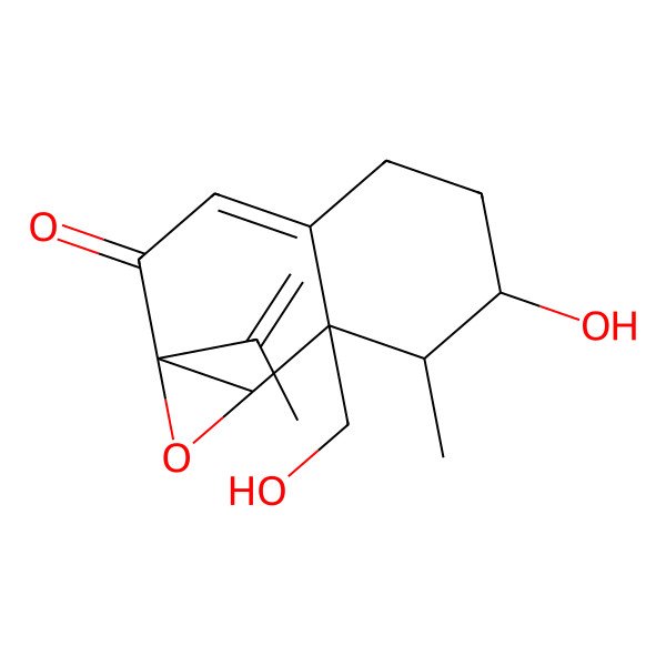 2D Structure of (1aR,6R,7R,7aR,7bR)-6-hydroxy-7a-(hydroxymethyl)-7-methyl-1a-prop-1-en-2-yl-5,6,7,7b-tetrahydro-4H-naphtho[1,2-b]oxiren-2-one