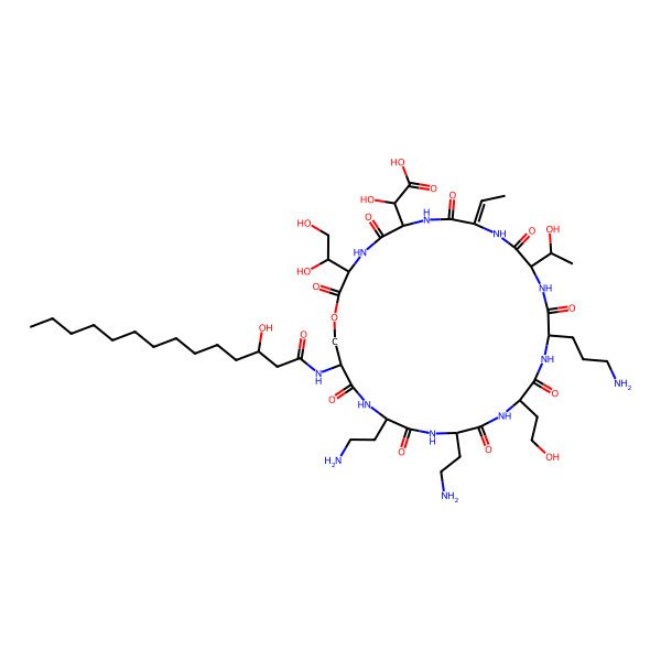 2D Structure of 2-[(3S,6S,9Z,12S,15S,18R,21S,24R,27S)-21,24-bis(2-aminoethyl)-15-(3-aminopropyl)-3-[(1S)-1,2-dihydroxyethyl]-9-ethylidene-12-[(1S)-1-hydroxyethyl]-18-(2-hydroxyethyl)-27-(3-hydroxytetradecanoylamino)-2,5,8,11,14,17,20,23,26-nonaoxo-1-oxa-4,7,10,13,16,19,22,25-octazacyclooctacos-6-yl]-2-hydroxyacetic acid