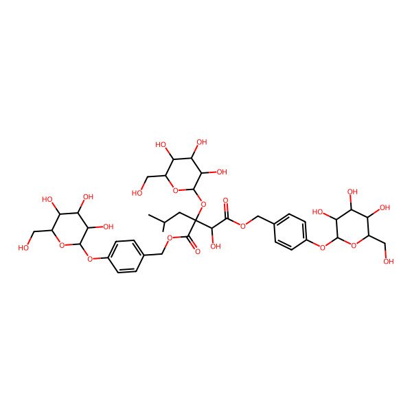 2D Structure of Bis[[4-[3,4,5-trihydroxy-6-(hydroxymethyl)oxan-2-yl]oxyphenyl]methyl] 3-hydroxy-2-(2-methylpropyl)-2-[3,4,5-trihydroxy-6-(hydroxymethyl)oxan-2-yl]oxybutanedioate