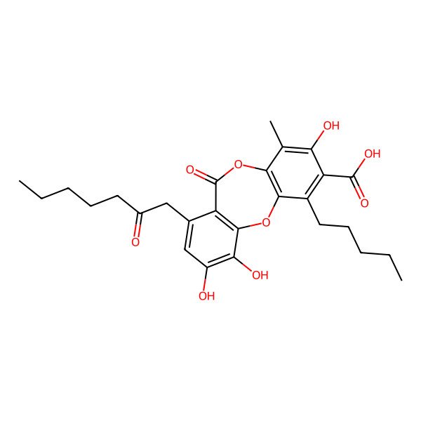 2D Structure of 3,9,10-Trihydroxy-4-methyl-6-oxo-7-(2-oxoheptyl)-1-pentylbenzo[b][1,4]benzodioxepine-2-carboxylic acid